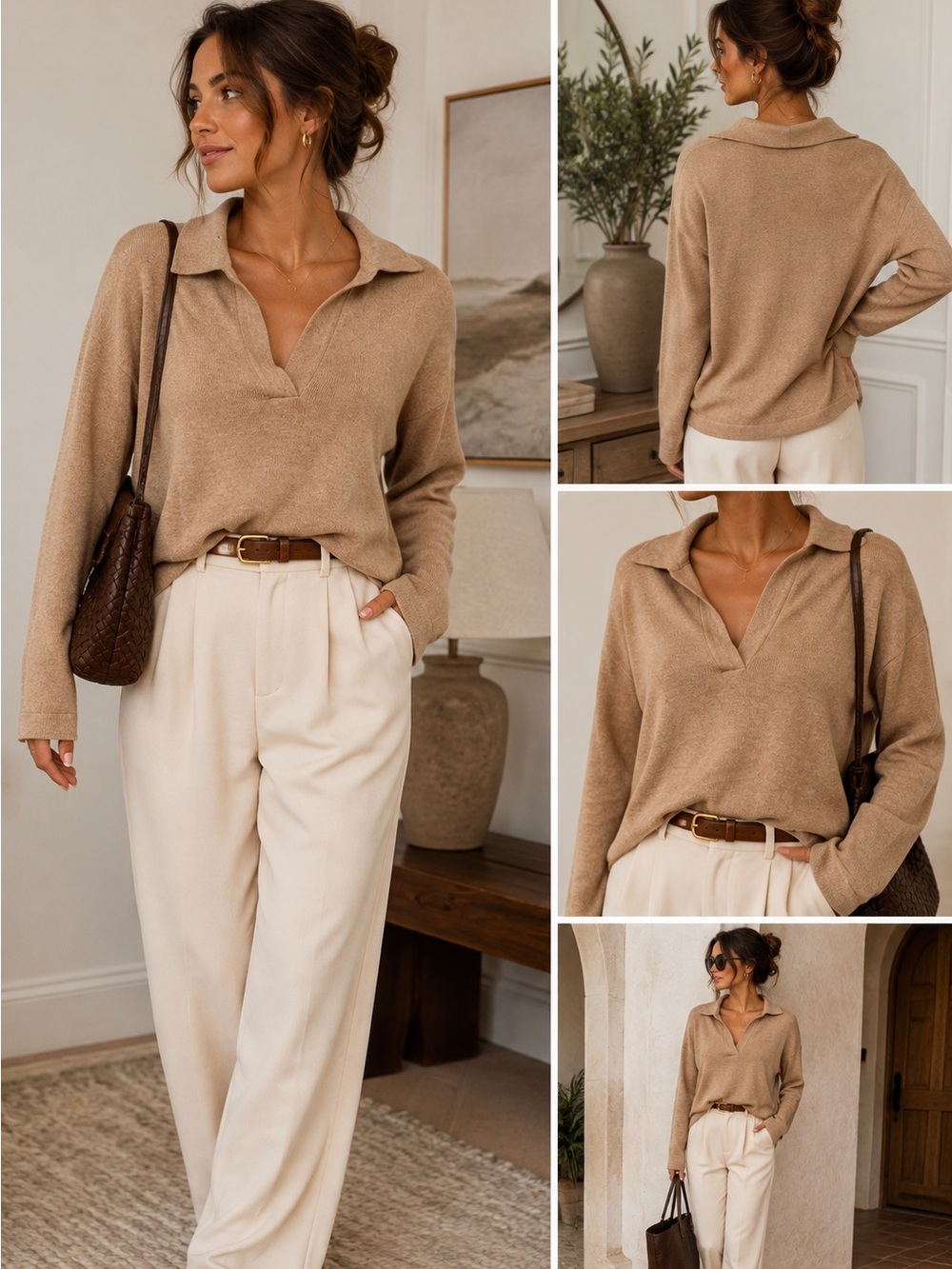 Commense Camel Collared Knit Sweater – Quiet Luxury Oversized Pullover